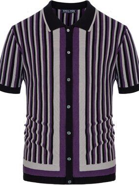 Men's Purple Retro Knit Polo Vintage Striped Casual Summer Shirt